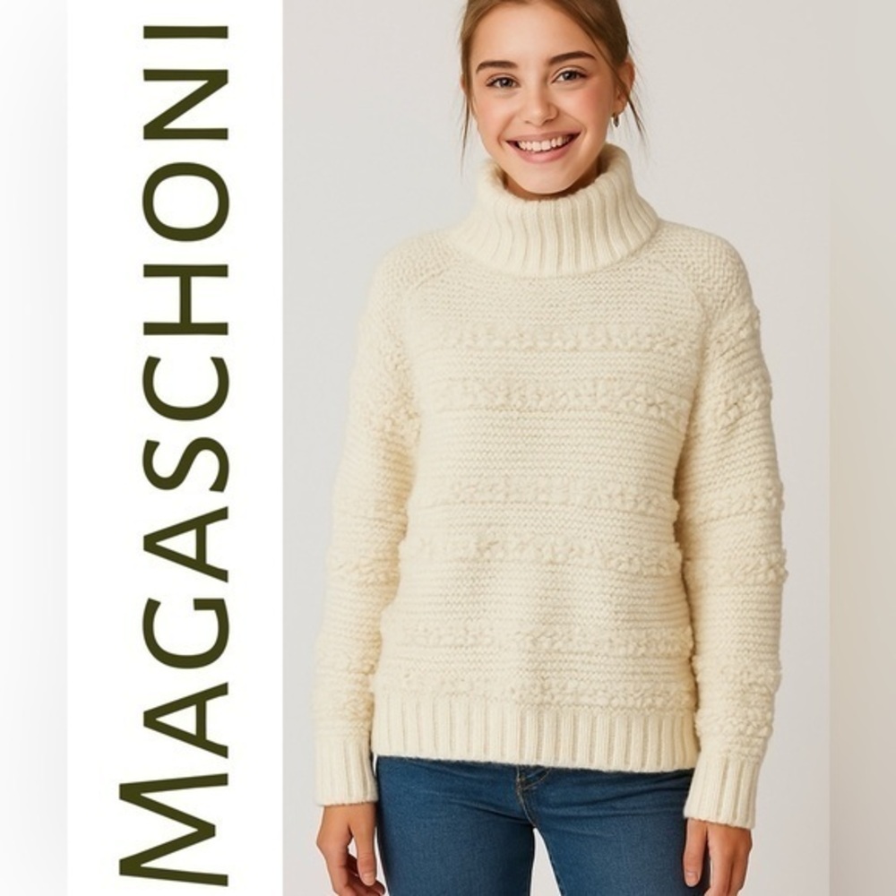 Magaschoni Cream Textured Mock Turtleneck Sweater โ Chunky Knit Cozy Pullover XS